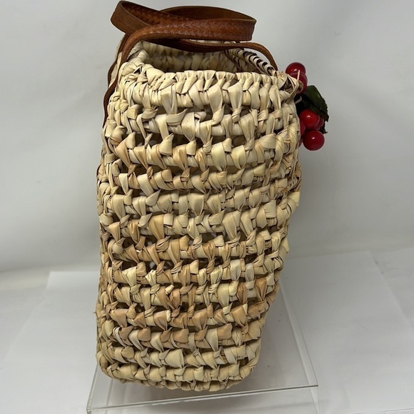 Straw Banana Leaf Woven Market Basket Bag Double Leather Handles - Picture 6 of 7